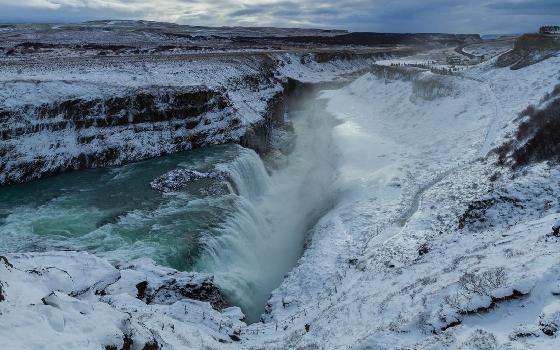 Gullfoss waterfall tumbling into a gorge in winter