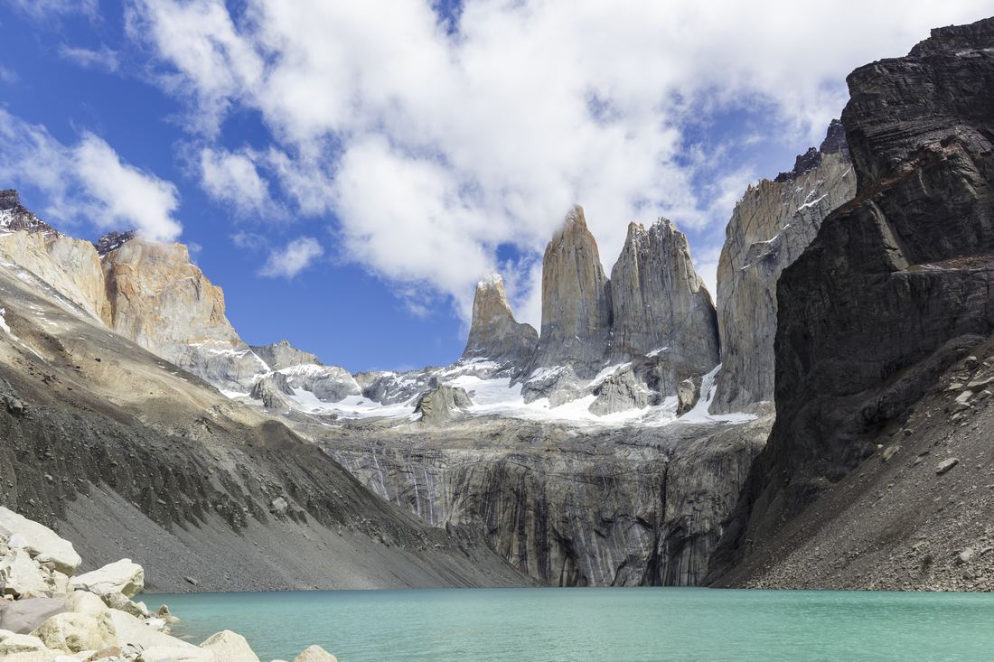 The three granite towers of Paine above a glacial lake